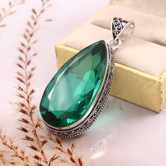 Big Green Tourmaline Pendant Green Gemstone Pendant 925 Starling