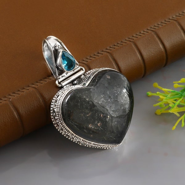 Nuummite blue topaz pendant black nuummite necklace 925 starling silver necklace gift for her  anniversary gift