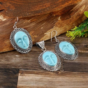 Moon face pendant earring set handmade pendant earrings set 925 sterling silver pendant gift for her  anniversary gift