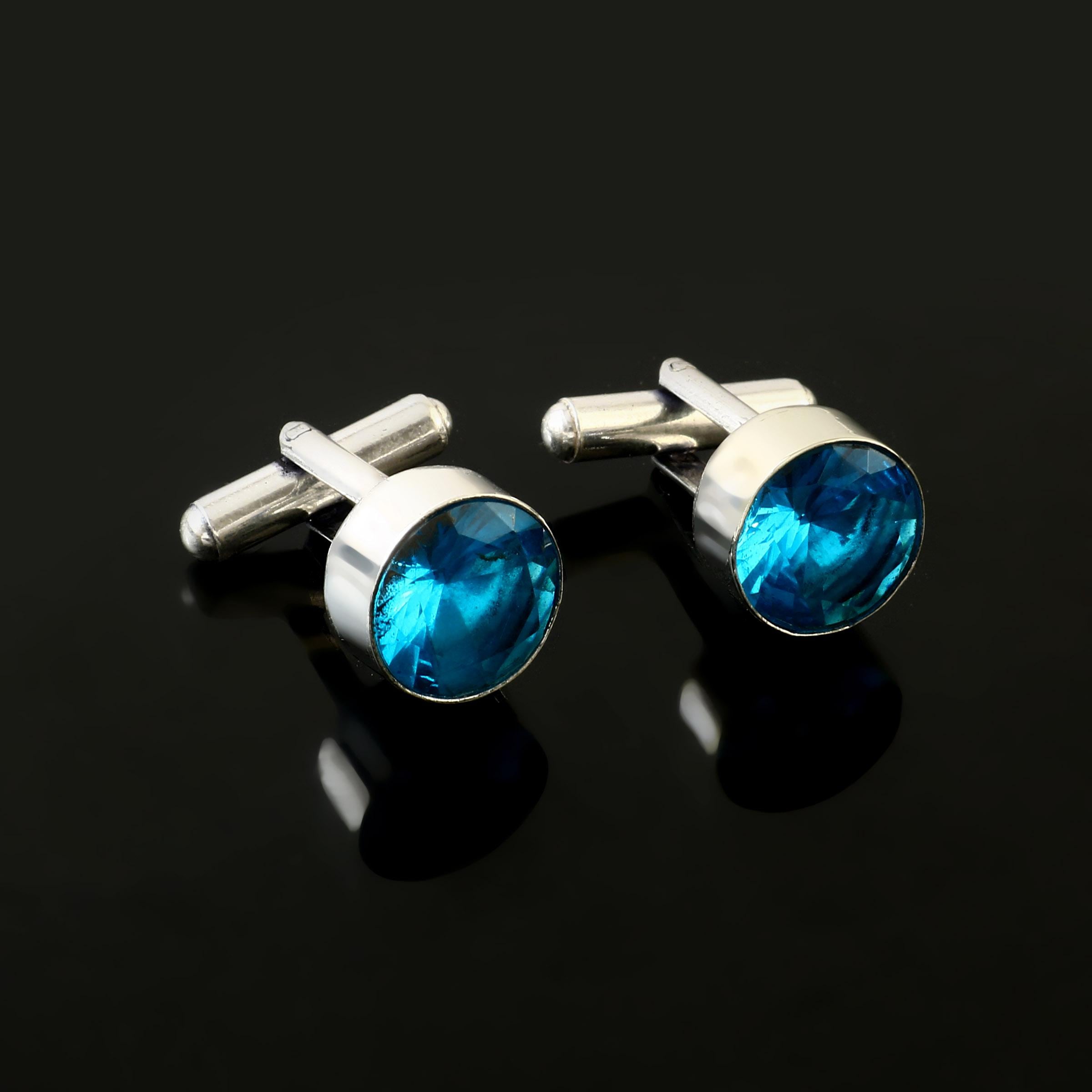 Boutons De Manchette En Argent Sterling 925 Avec Topaze Bleue Naturelle Et Zircone - Fait Main En Inde