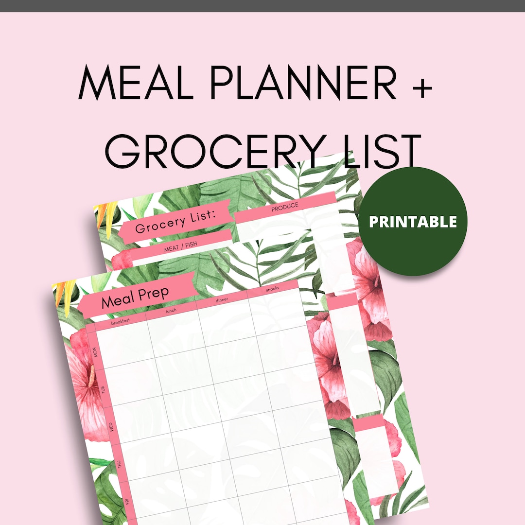 Pink Tropical Floral Meal Planner and Grocery List Printable Pages - Etsy