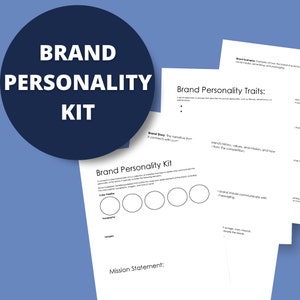 Op de afbeelding: Een printbaar werkblad met de titel "Brand Personality Kit" met secties voor kleurenpalet, typografie, beeldmateriaal en een missieverklaring. Het werkblad bevat cirkels die gebruikers kunnen invullen met de persoonlijkheidstrekken van hun merk.