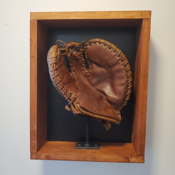 Vintage first baseman's mitt in wood shadowbox wall decor. Ideal gift for baseball fan, history buff, or those that enjoy upcycled art.