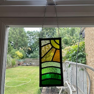 Stained Glass Leaded Sunrise Over Hills Window Panel