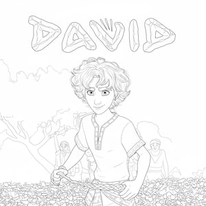 May include: Line art illustration of a young person with curly hair, wearing a tunic and holding a rope. The name "DAVID" is written above in a stone-like font. The background features other figures and foliage.