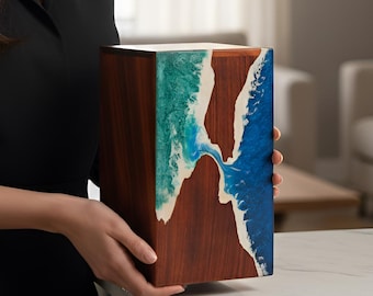 Wooden Cremation Urn with Dual Ocean Epoxy for Human and Pet Ashes, Memorial, Keepsake Urn for Adult Men and Women, Indian Rosewood & Epoxy