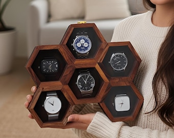Honeycomb Watch Case for Men, Wooden Watch Box, Jewelry Storage & Organizer, Anniversary Gift for Him, Timepiece Display Case for Home Decor