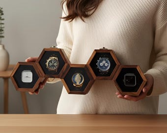 Vintage Watch Box for Men, Wooden Watch Storage Organizer, Display Case, Jewelry Box for Women - Honeycomb Shape, 5 Slots