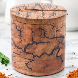 Wooden Salt & Spice Cellar with Lid and Spoon | Handmade from Natural Wood | Spice Jar | Spice Storage Box| Natural Lichtenberg Fractal