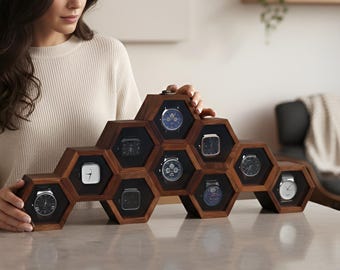 Vintage Watch Box for Men, Wooden Watch Storage Organizer, Display Case, Jewelry Box for Women - Honeycomb Shape, 10 Slots