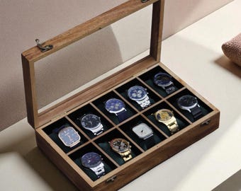 Caja de madera para relojes de hombre, vitrina y organizador de almacenamiento de relojes vintage personalizados, caja de reloj artesanal con 2-12 ranuras, regalo personalizado