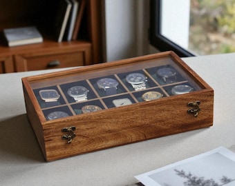 Caja de reloj de madera vintage para hombre, vitrina y organizador de relojes personalizado, caja de reloj artesanal con 3 compartimentos, regalo personalizado.