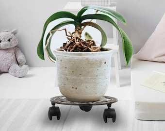 Support à plantes polyvalent en bronze, doré et argenté : chariot de jardinière robuste pour intérieur/extérieur sur support rond, roulettes avec verrou.