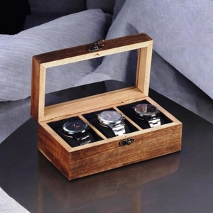 Caja de reloj de madera vintage para hombres, vitrina de reloj personalizada y organizador de almacenamiento, caja de reloj hecha a mano con 3 ranuras, regalo personalizado