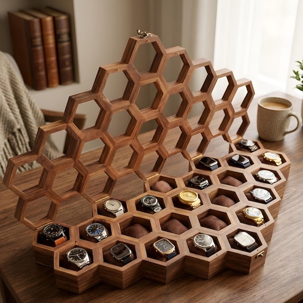 Vintage Wooden Watch Box for Men & Women, Wrist Watch Holder, Jewelry Storage Case, Timepiece Organizer, 16 Slots