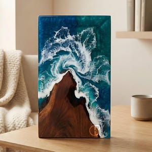 Wooden Cremation Urn with Dual Ocean Epoxy for Human and Pet Ashes, Memorial, Keepsake Urn for Adult Men and Women, Indian Rosewood Crafted