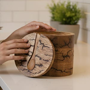 Träsaltburk och kryddlåda med lock och sked | Handgjord av naturligt trä | Kryddburk | Kryddförvaringslåda | Naturlig Lichtenbergfraktal