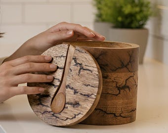 Wooden Salt & Spice Cellar with Lid and Spoon | Handmade from Natural Wood | Spice Jar | Spice Storage Box| Natural Lichtenberg Fractal