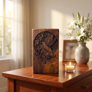 May include: A rectangular wooden box with a carved hummingbird design. The hummingbird is surrounded by floral elements within a circular frame. The box is made of dark wood and sits on a wooden surface.