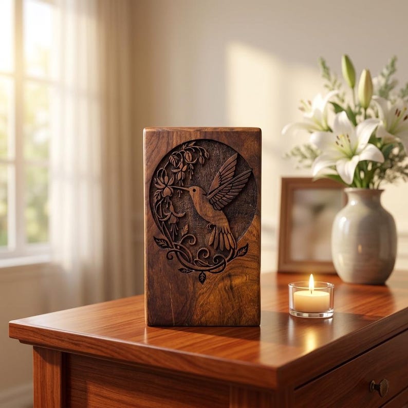 May include: A rectangular wooden box with a carved hummingbird design. The hummingbird is surrounded by floral elements within a circular frame. The box is made of dark wood and sits on a wooden surface.