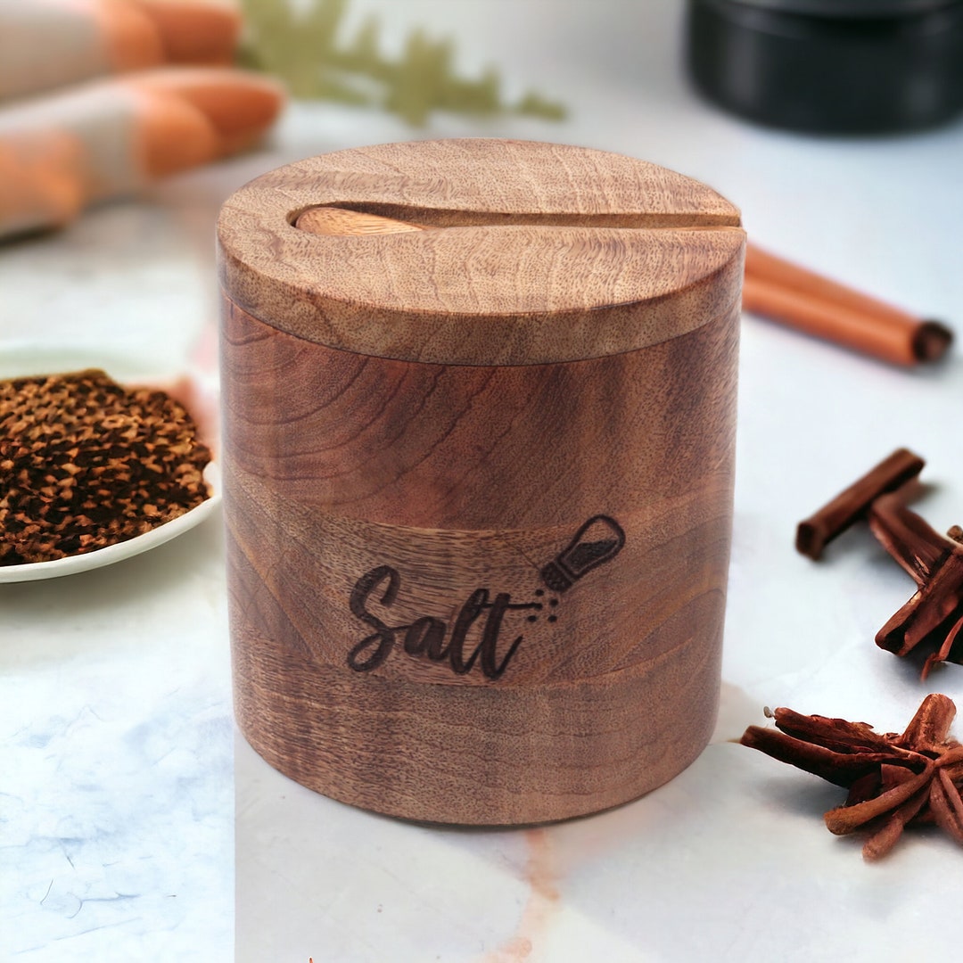 Handcrafted Wooden Salt Jar With Outer Spoon, Spice Jar, Condiment Jar ...