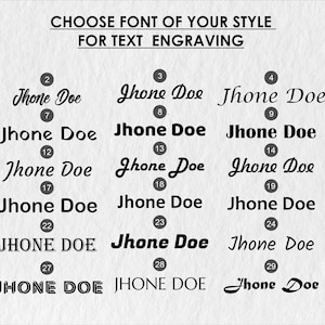 May include: A chart displaying thirty distinct font styles for text engraving, each labelled with a number from one to thirty. The text 'Jhone Doe' is written in various black typefaces, ranging from cursive scripts to bold block lettering.