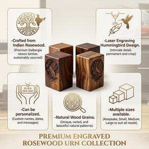 May include: Premium engraved rosewood urn collection. The image shows several wooden urns with a laser-engraved hummingbird design. The urns are made from Indian rosewood and are available in multiple sizes. The urns can be personalized with custom names, dates, and messages.
