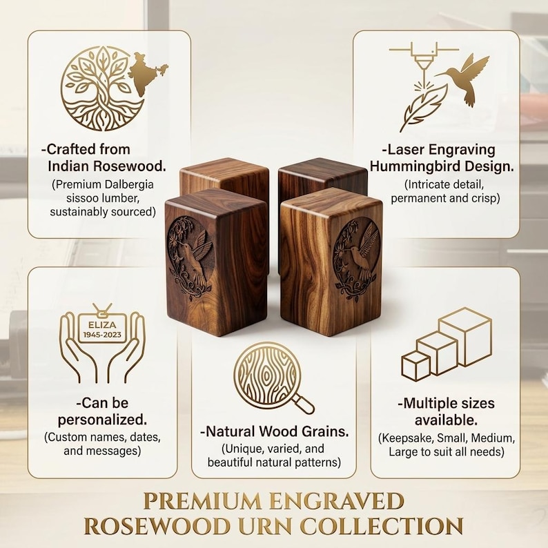 May include: Premium engraved rosewood urn collection. The image shows several wooden urns with a laser-engraved hummingbird design. The urns are made from Indian rosewood and are available in multiple sizes. The urns can be personalized with custom names, dates, and messages.