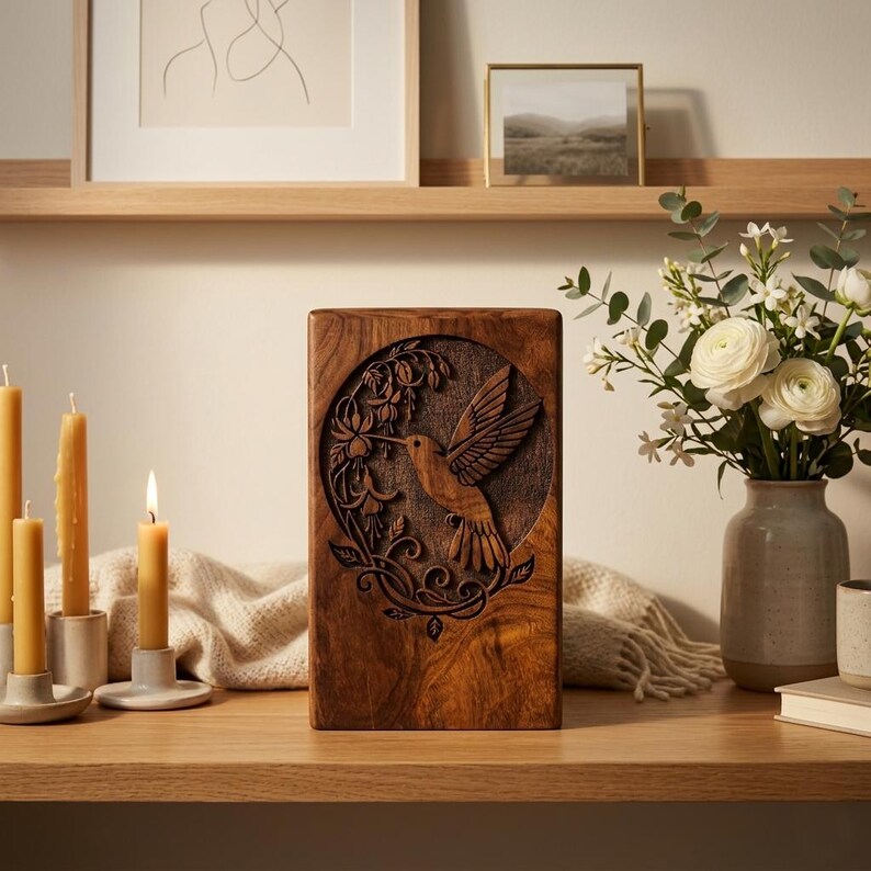 May include: A rectangular wooden box with a carved hummingbird design. The hummingbird is surrounded by floral elements within a circular frame. The box is made of dark wood and sits on a wooden shelf, with candles and a vase of flowers in the background.