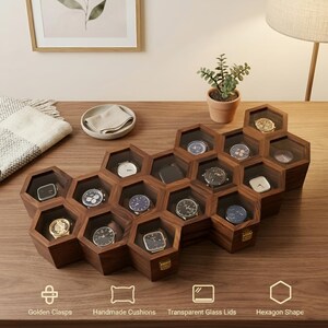 May include: A wooden watch storage box featuring a honeycomb arrangement of multiple hexagonal compartments with transparent glass lids. Each compartment contains a watch on a cushion. The box includes golden clasps and is labelled with text: Golden Clasps, Handmade Cushions, Transparent Glass Lids, Hexagon Shape.