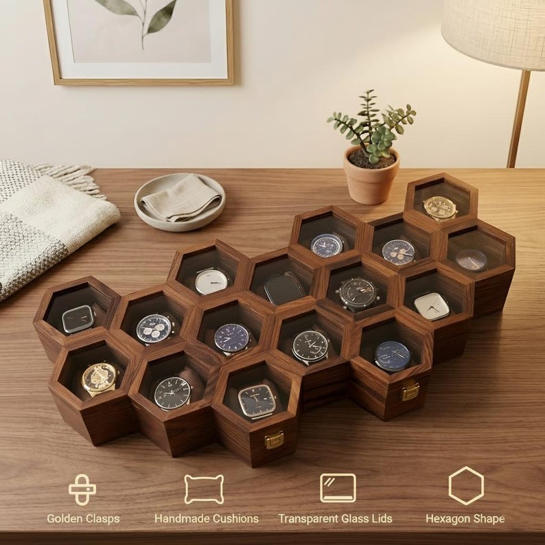 May include: A wooden watch storage box featuring a honeycomb arrangement of multiple hexagonal compartments with transparent glass lids. Each compartment contains a watch on a cushion. The box includes golden clasps and is labelled with text: Golden Clasps, Handmade Cushions, Transparent Glass Lids, Hexagon Shape.