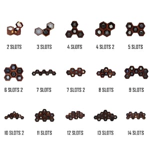May include: A collection of modular wooden hexagonal display racks arranged in various configurations, ranging from 1 to 16 slots. Each unit features dark brown wood frames with individual hexagonal compartments, labelled below each with its slot count.