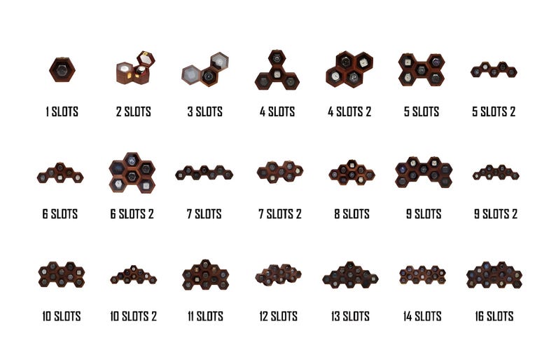 May include: A collection of modular wooden hexagonal display racks arranged in various configurations, ranging from 1 to 16 slots. Each unit features dark brown wood frames with individual hexagonal compartments, labelled below each with its slot count.
