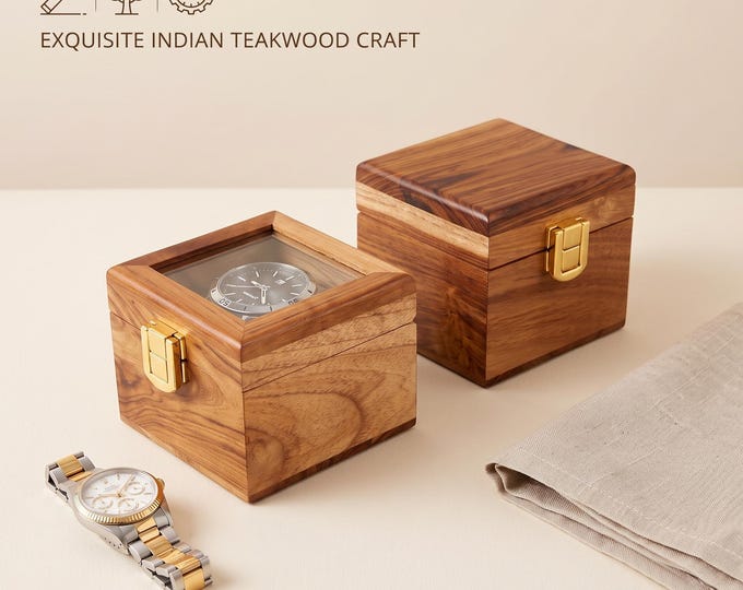Personalized Handmade Wooden Watch Box with Single-Slot, Watch Display Case, Watch Storage Organizer - Teakwood with Glass Lid & Wood Lid
