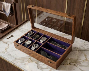 Handcrafted Wooden Watch & Sunglasses Organizer | 6 Watch Display Case with 3 Eyewear Slots | Indian Rosewood | Gift for Him and Her