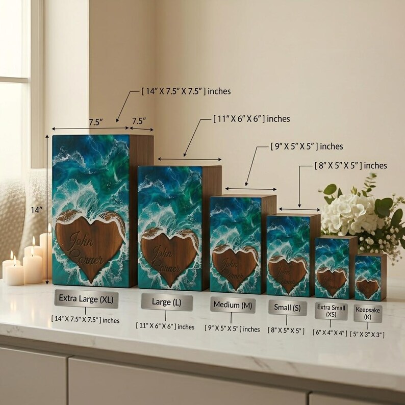 May include: A collection of wooden boxes with a heart-shaped design, ranging in size from 5" x 3" x 3" to 14" x 7.5" x 7.5". Each box features a blue and green wave pattern and the name "John Conner" engraved on the heart.