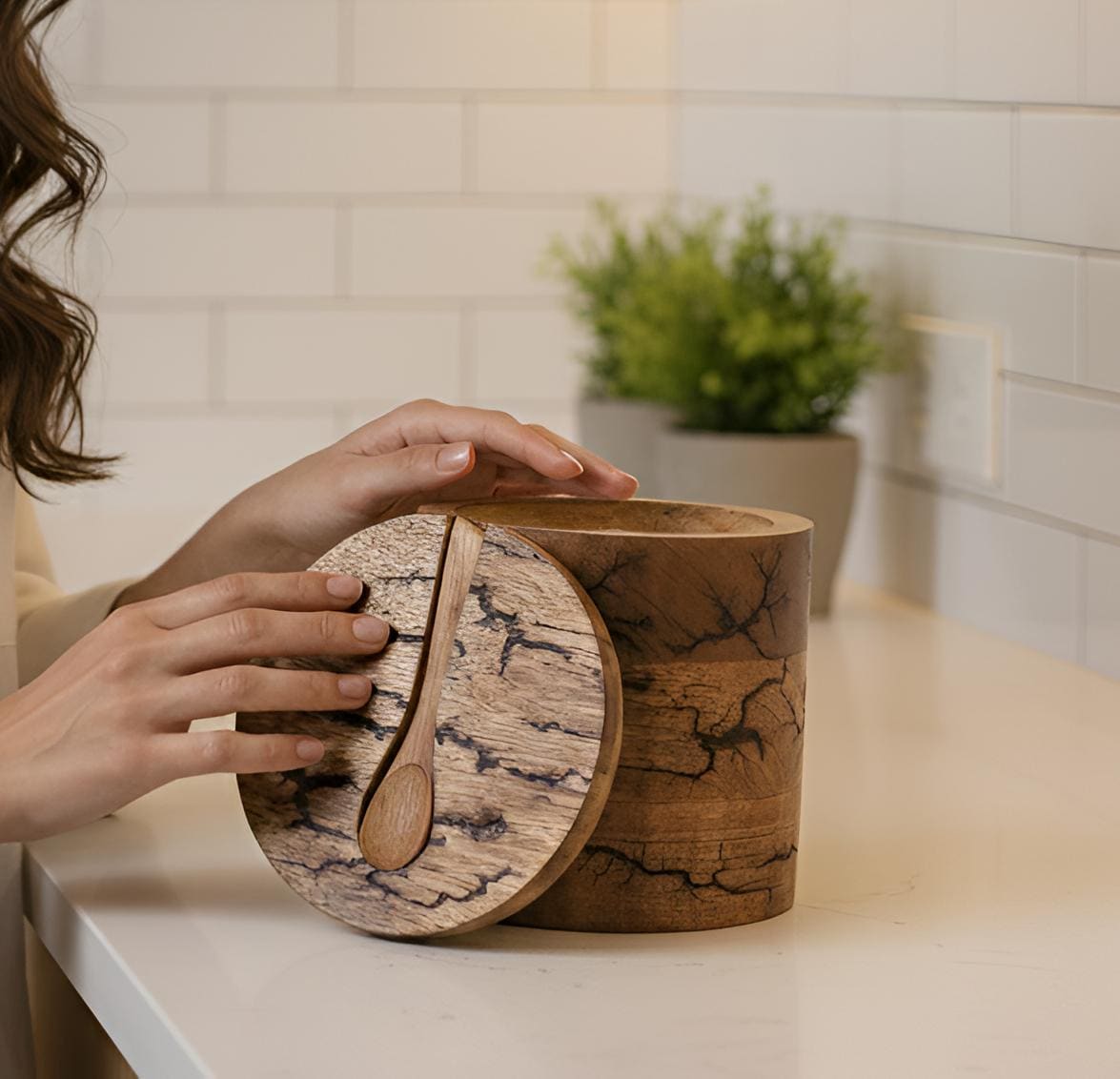 Wooden Salt & Spice Cellar with Lid and Spoon | Handmade from Natural Wood | Spice Jar | Spice Storage Box| Natural Lichtenberg Fractal