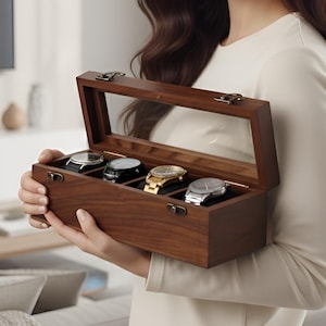 Personalised 4 Slots Wooden Watch Box for Men & Women, Timepiece Display Case, Jewelry Storage Organizer, Gift for Husband, Wedding Gift