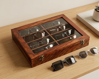 Estuche de madera para gafas de sol – Organizador de gafas de palisandro indio – Caja grande para gafas de sol con tapa de cristal e interior de terciopelo – 8 compartimentos, palisandro