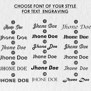 May include: A graphic showcasing 30 font styles for text engraving, each labeled with a number and the name "Jhon Doe." The text "CHOOSE FONT OF YOUR STYLE FOR TEXT ENGRAVING" is at the top, with fonts ranging from elegant scripts to bold block letters.