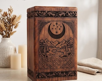 Handcrafted Wooden Cremation Urn for Human Ashes | Celtic Knot Moon & Mountain Rosewood Funeral Urn | Custom Personalizable Ashes Box