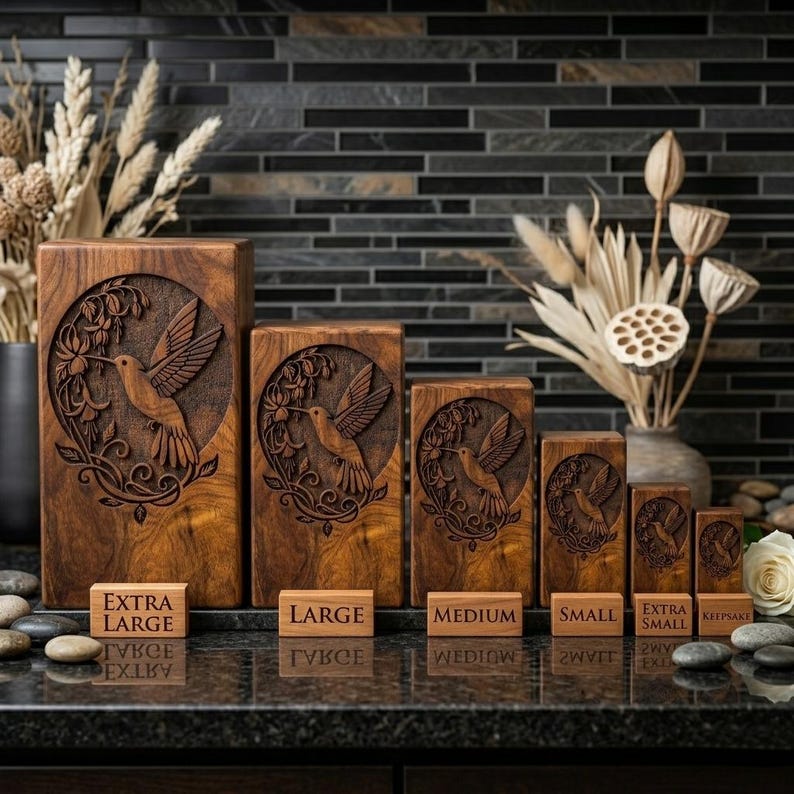 May include: A set of seven wooden boxes with a hummingbird design carved into the front. The boxes vary in size, with labels reading "Extra Large," "Large," "Medium," "Small," "Extra Small," and "Keepsake." The boxes are brown and sit on a dark countertop.