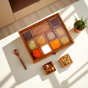Wooden Spice Box and Spoon in Sheesham Wood, Masala Box, Spice Container, Salt Box, Best Gift for Her - 12 Detachable Containers with Lid