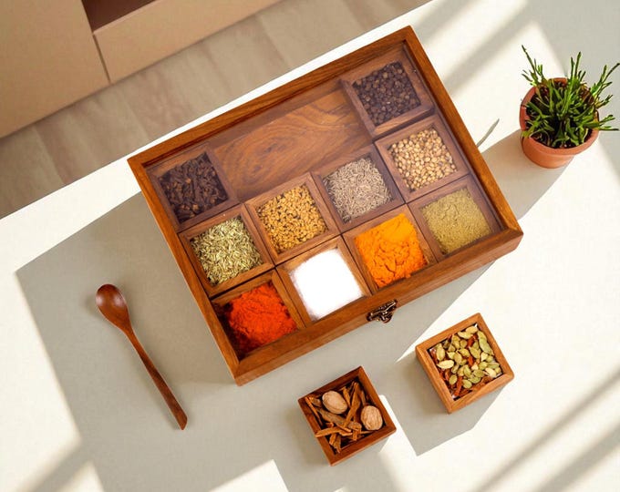 Wooden Spice Box and Spoon in Sheesham Wood, Masala Box, Spice Container, Salt Box, Best Gift for Her - 12 Detachable Containers with Lid