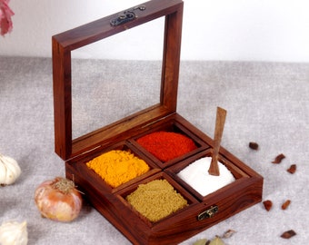 Personalized Handcrafted Wooden Spice Box. Handcrafted beauty, see-through lid, and four wooden containers