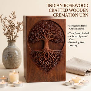 Tree of Life Wooden Cremation Urn for Human or Pet Ashes | Personalized Indian Rosewood Memorial | Handcrafted Burial & Funeral Box