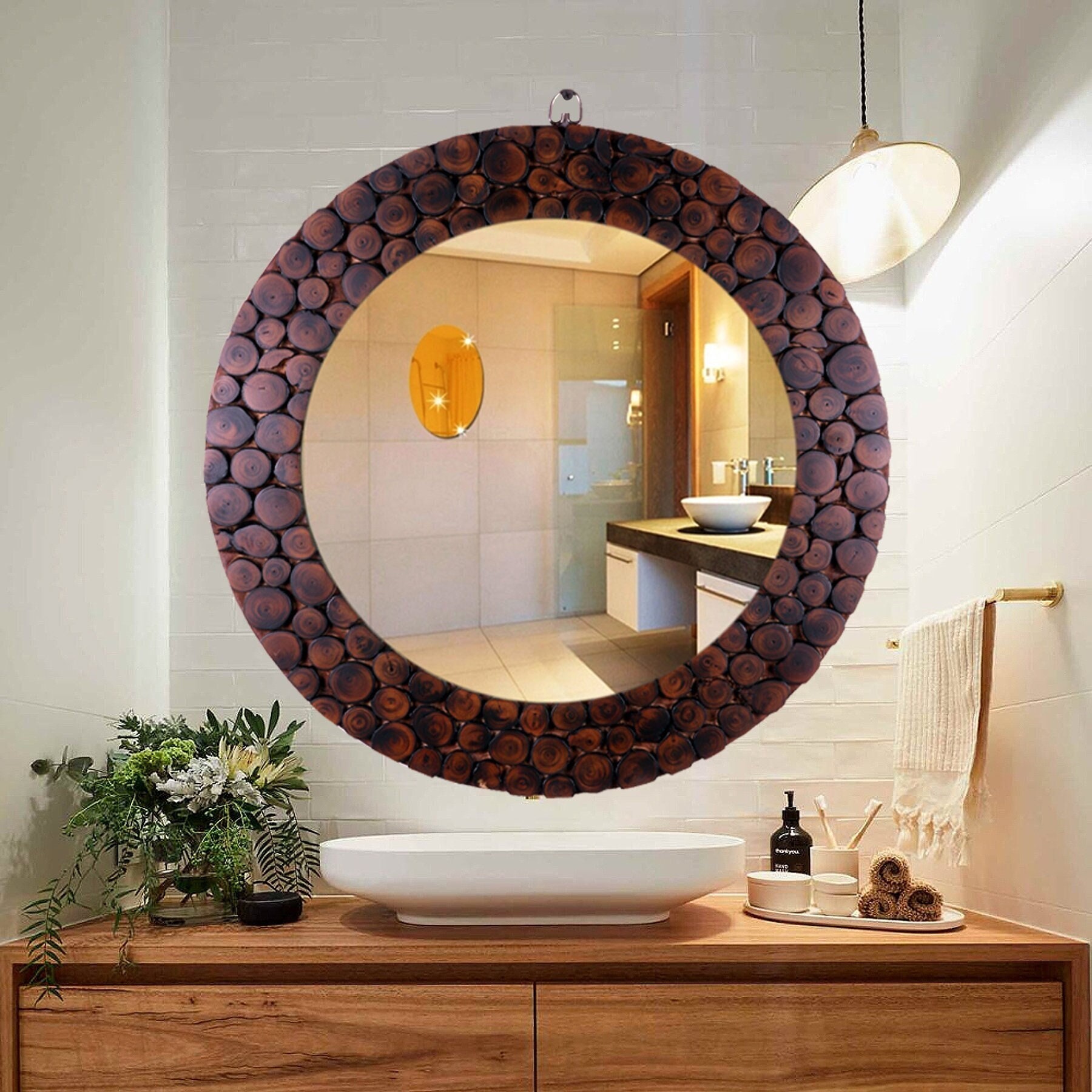 Circle Mirror Wall Decor, Small Brown Round Mirror, Makeup Wood Frame  Mirror, Vanity Circular Mirror for Wall, Walnut Colour Mirror 