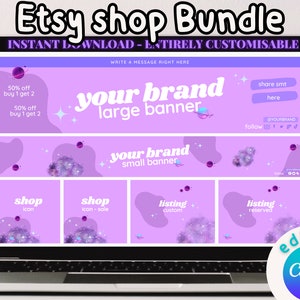Peut inclure: Un écran d'ordinateur portable affichant un modèle de bannière de boutique Etsy violet et blanc avec le texte "votre marque" et "lot de boutique Etsy". Le modèle comprend une variété d'éléments personnalisables, tels que des icônes de boutique, des bannières de liste et des liens vers les médias sociaux. Le texte "modifier sur Canva" est visible dans le coin inférieur droit de l'image.