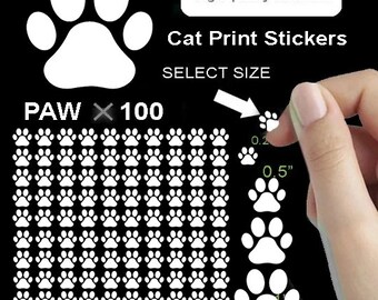 100 CAT PAW PRINTS Decal Stickers, Tiny 2mm, 4mm, 8mm, Cat Mark Stickers, White Cat Paw Marks Sticker Sheet, Polco, Scrapbooking