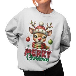 Merry Christmas Reindeer Sweatshirt, Festive Holiday Jumper for Adult, Crewneck Xmas Adorable Print Design Sweater for Men Women